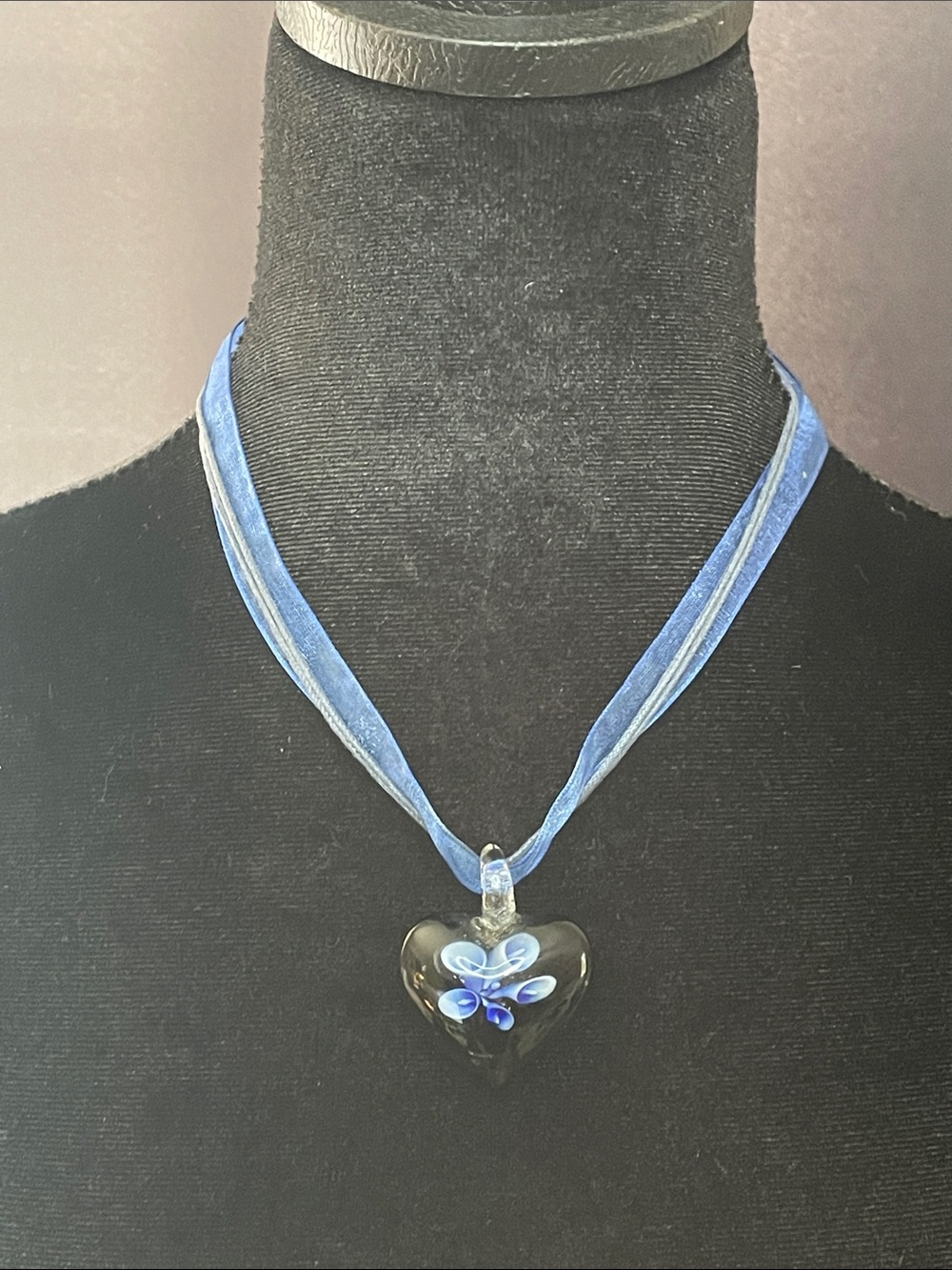 Glass heart pendant with blue ribbon necklace